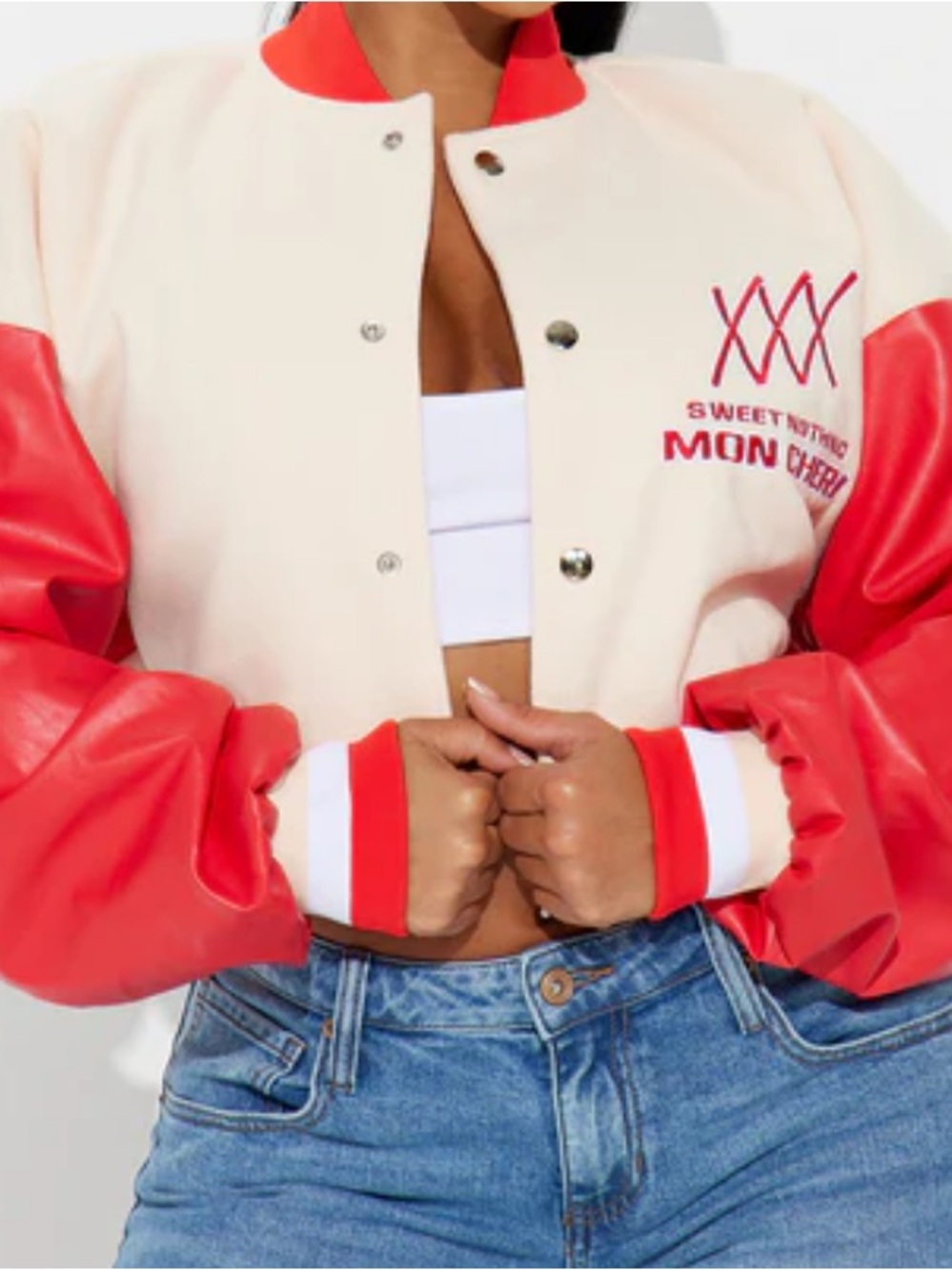 Mon Cheri Cream and Red Cropped Varsity Jacket